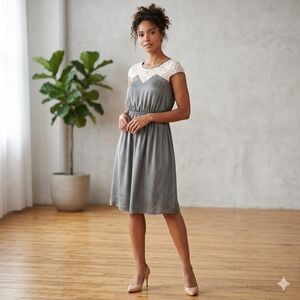 DOTE Womens Size XL Grey Satin Cream Lace Sleeveless Fit & Flare Dress Romantic